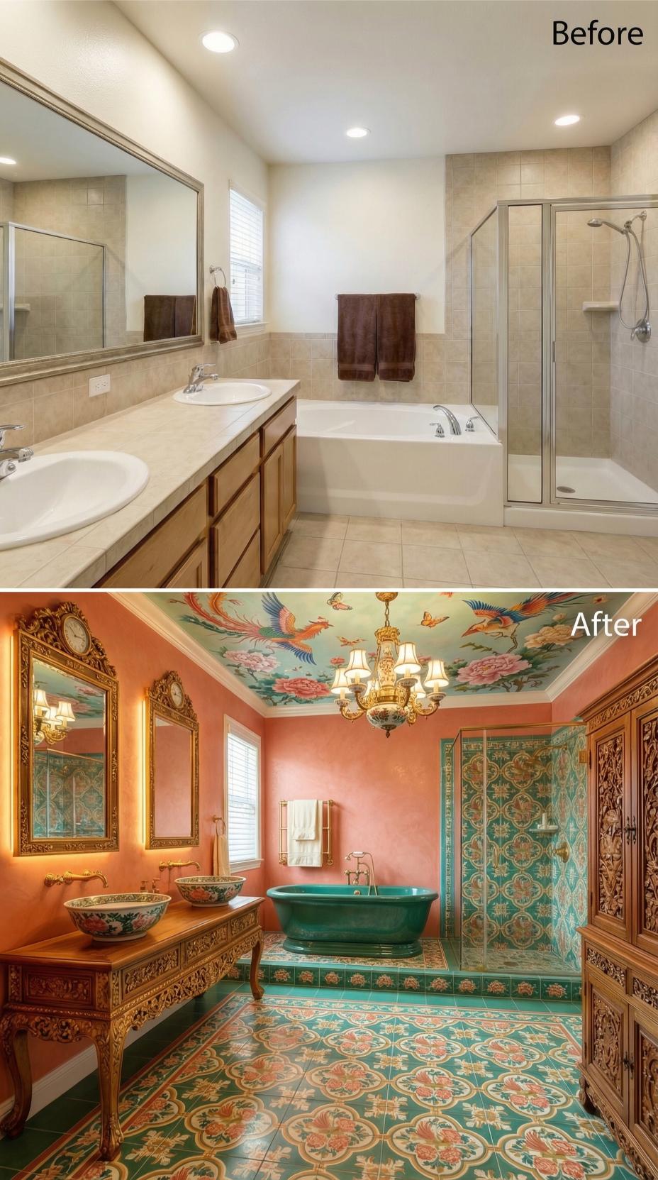 Chinoiserie Ceiling, Emerald Tub, and Hand-Painted Tile Finished Off Builder Beige