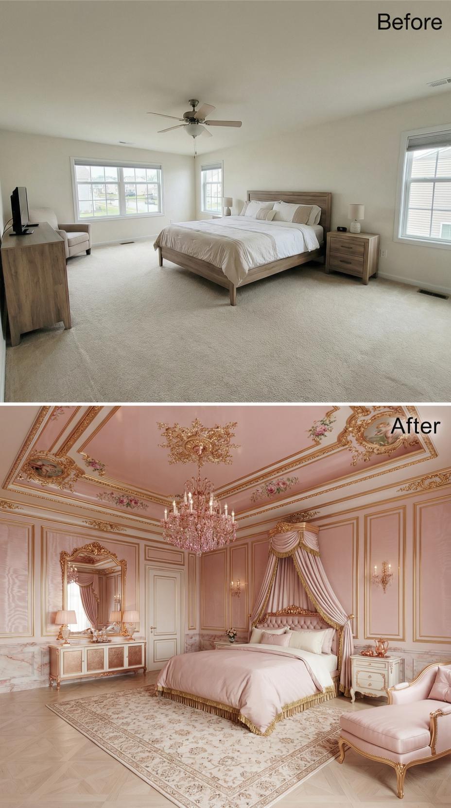 Pink Painted Ceiling, Rococo Gilt Moldings, and a Canopy Bed Dressed in Blush Silk