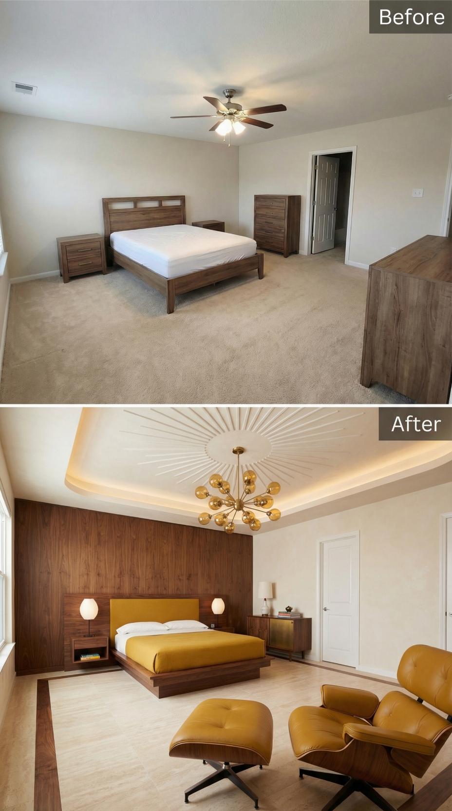 Sunburst Ceiling Medallion and Walnut Platform Anchor Mid-Century Gold