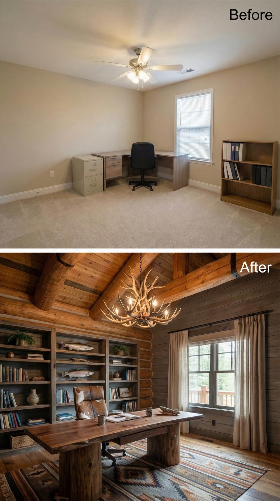 Antler Chandelier and Log-Beam Construction Replace Beige Carpet Starter Office