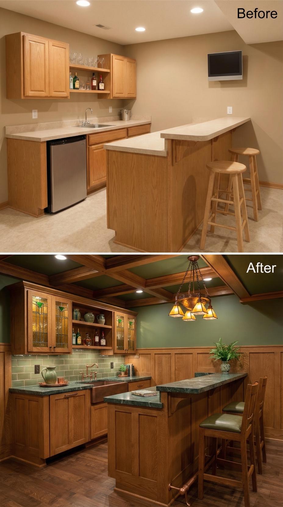 Coffered Ceiling and Stained Glass Cabinet Inserts Replace Oak Kitchenette