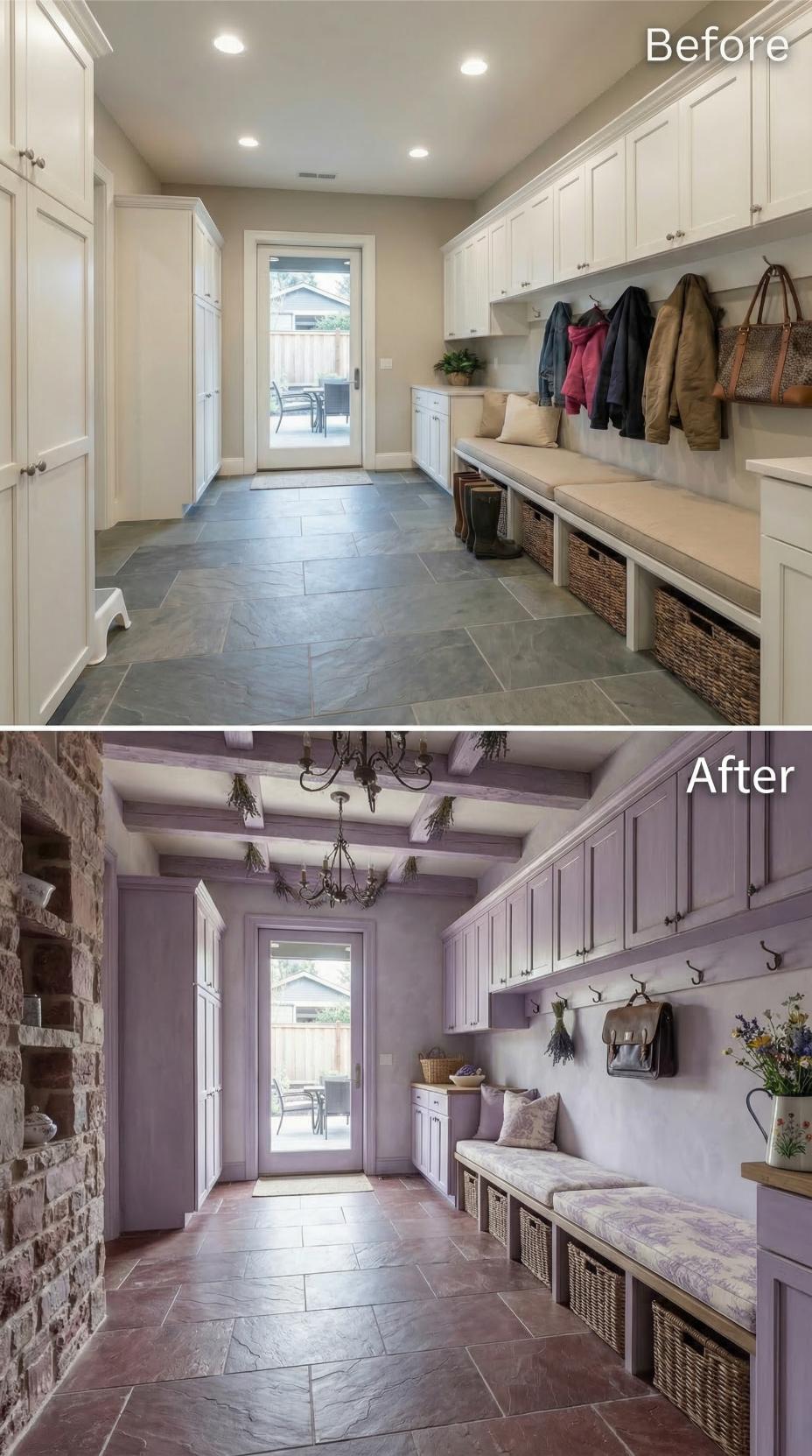 Lavender Paneled Cabinetry and Coffered Ceiling Replace Gray Simplicity