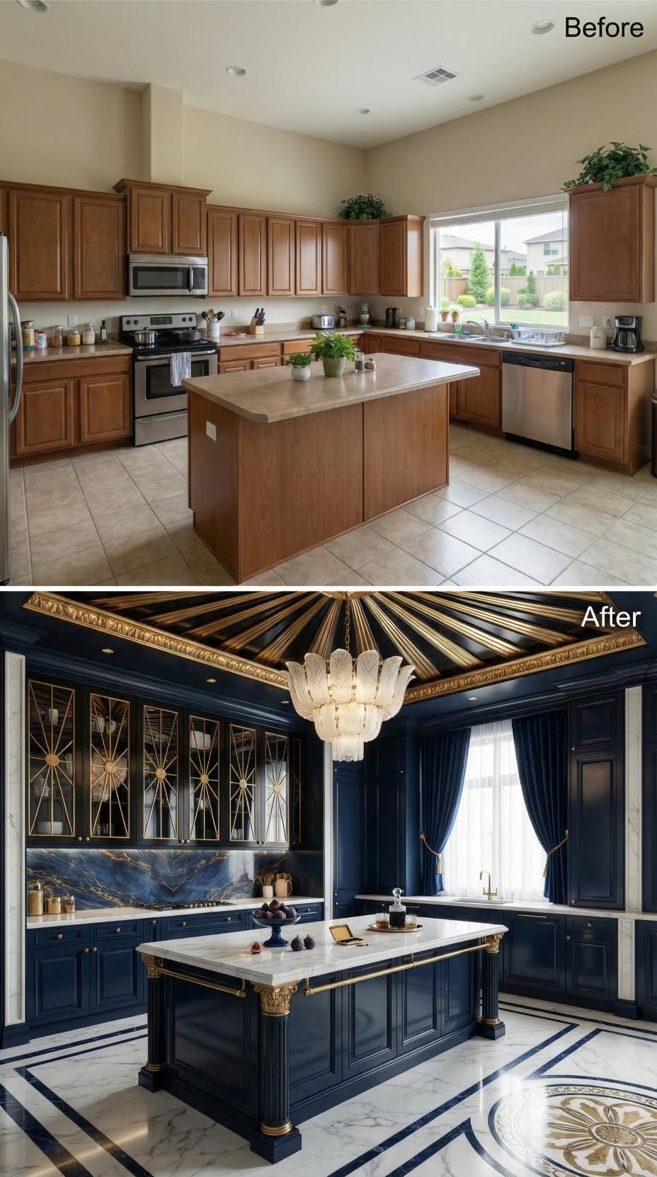Navy Lacquered Cabinetry and Gilded Starburst Ceiling With Art Deco Glass