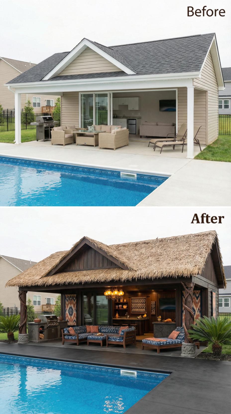 Thatched Palm Frond Roof and Dark Brown Vertical Siding Create Tiki Escape