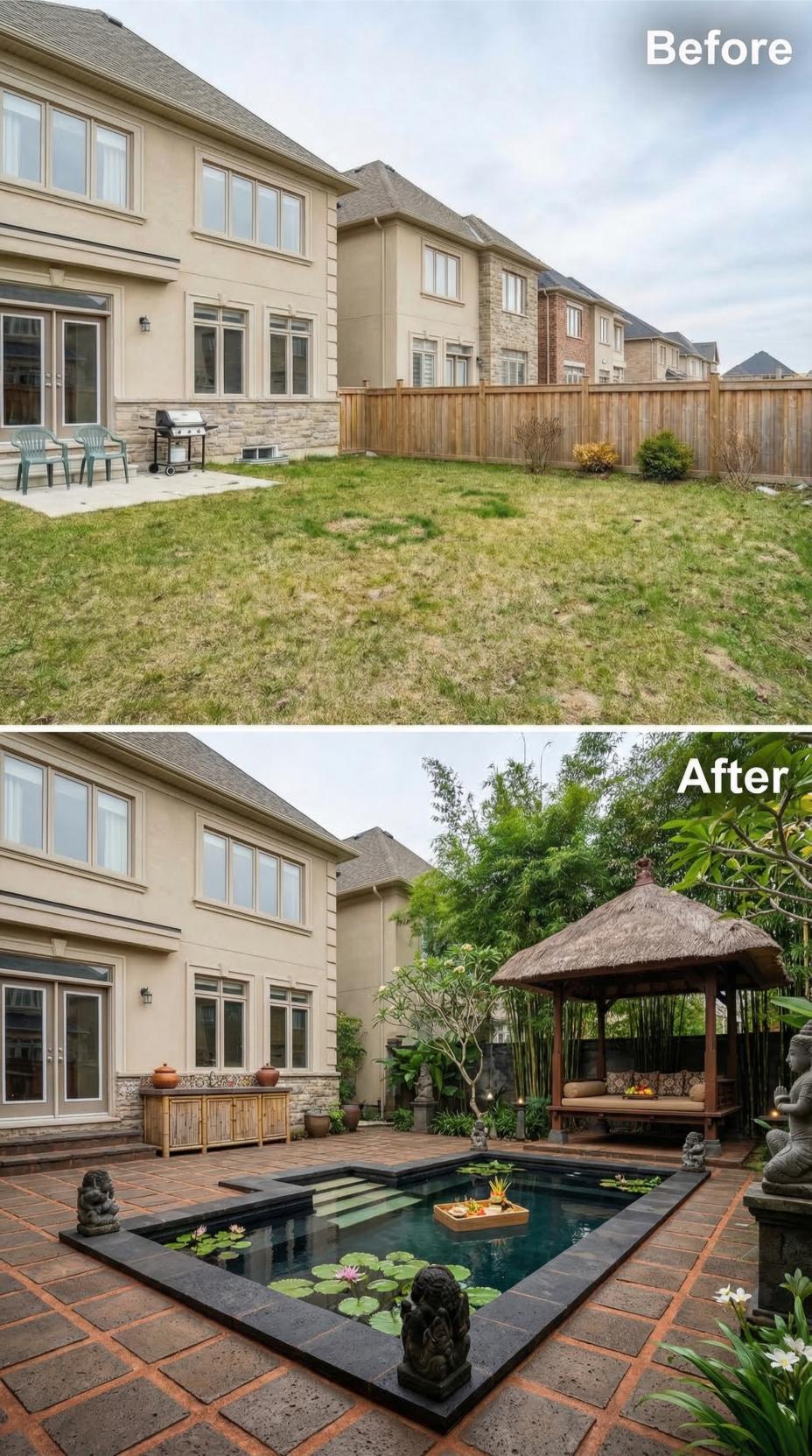 Lotus Pool, Thatched Gazebo, and Balinese Statuary Replace a Patchy Suburban Lawn