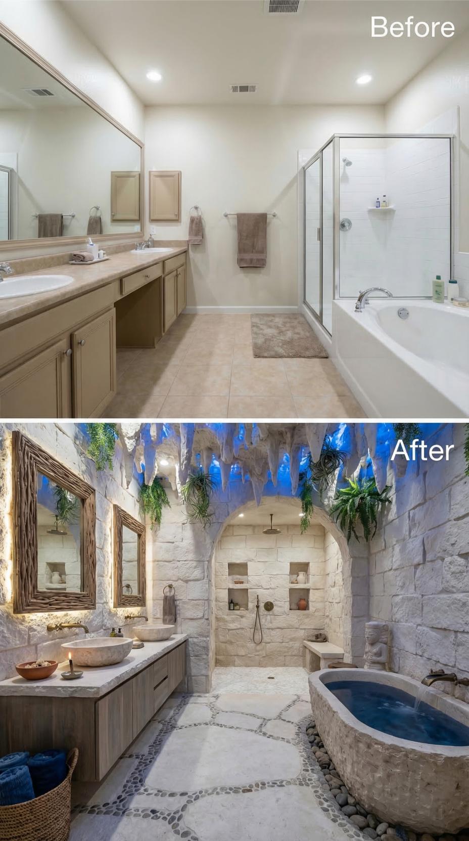 Blue-Lit Stalactites, River Stone Floors, and a Carved Stone Tub Replaced Tan Cabinetry