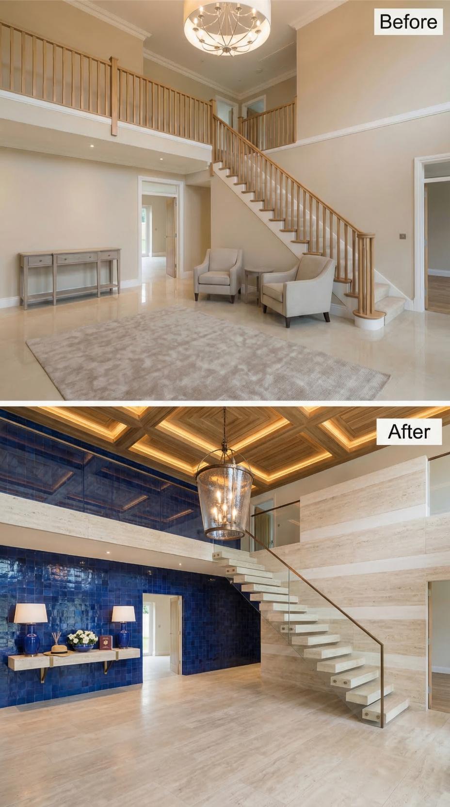 Cobalt Zellige, Floating Travertine Treads, and a Coffered Wood Ceiling Buried Beige and Oak