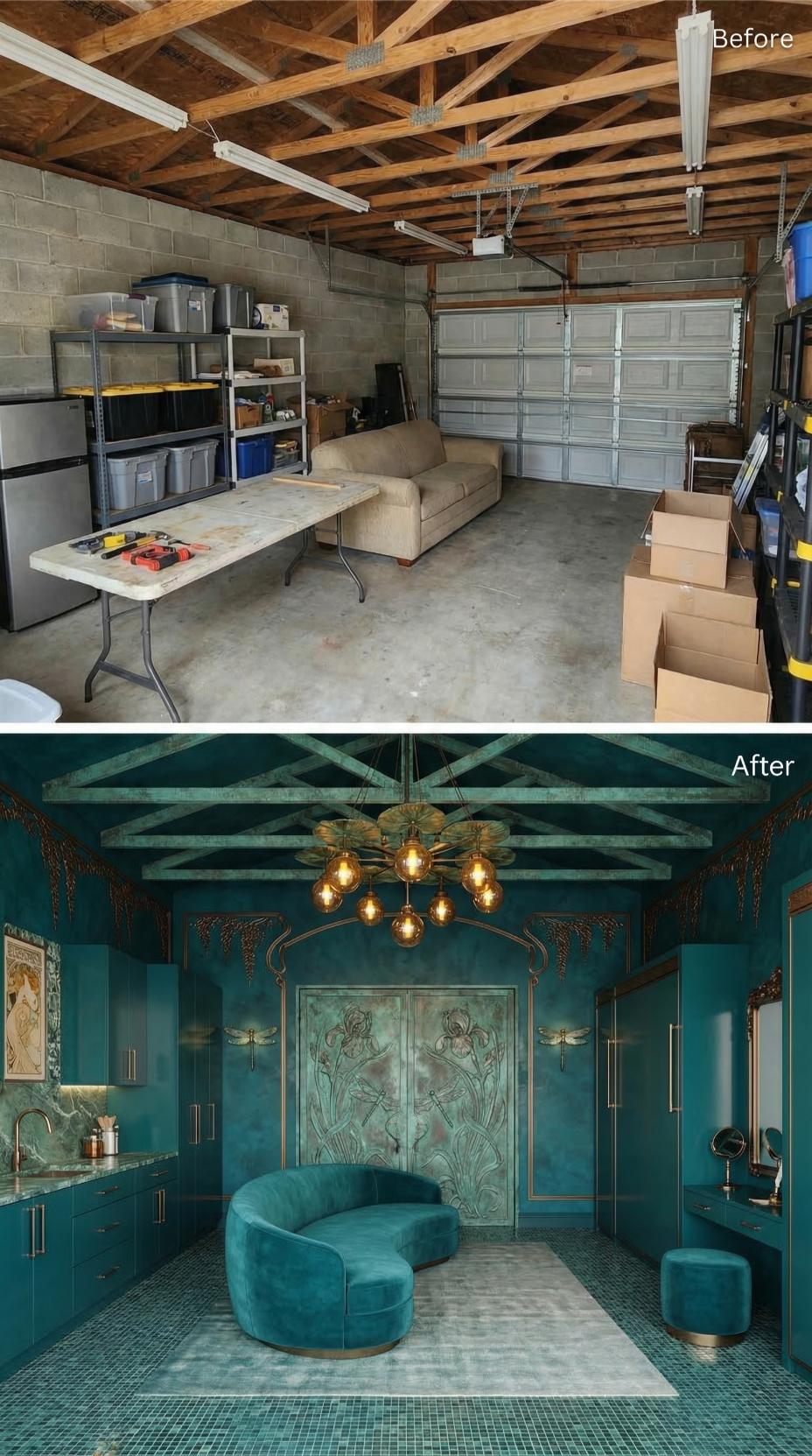 Verdigris Trusses and an Art Nouveau Garage Door Gave One Cluttered Workspace a Jewel-Box Interior