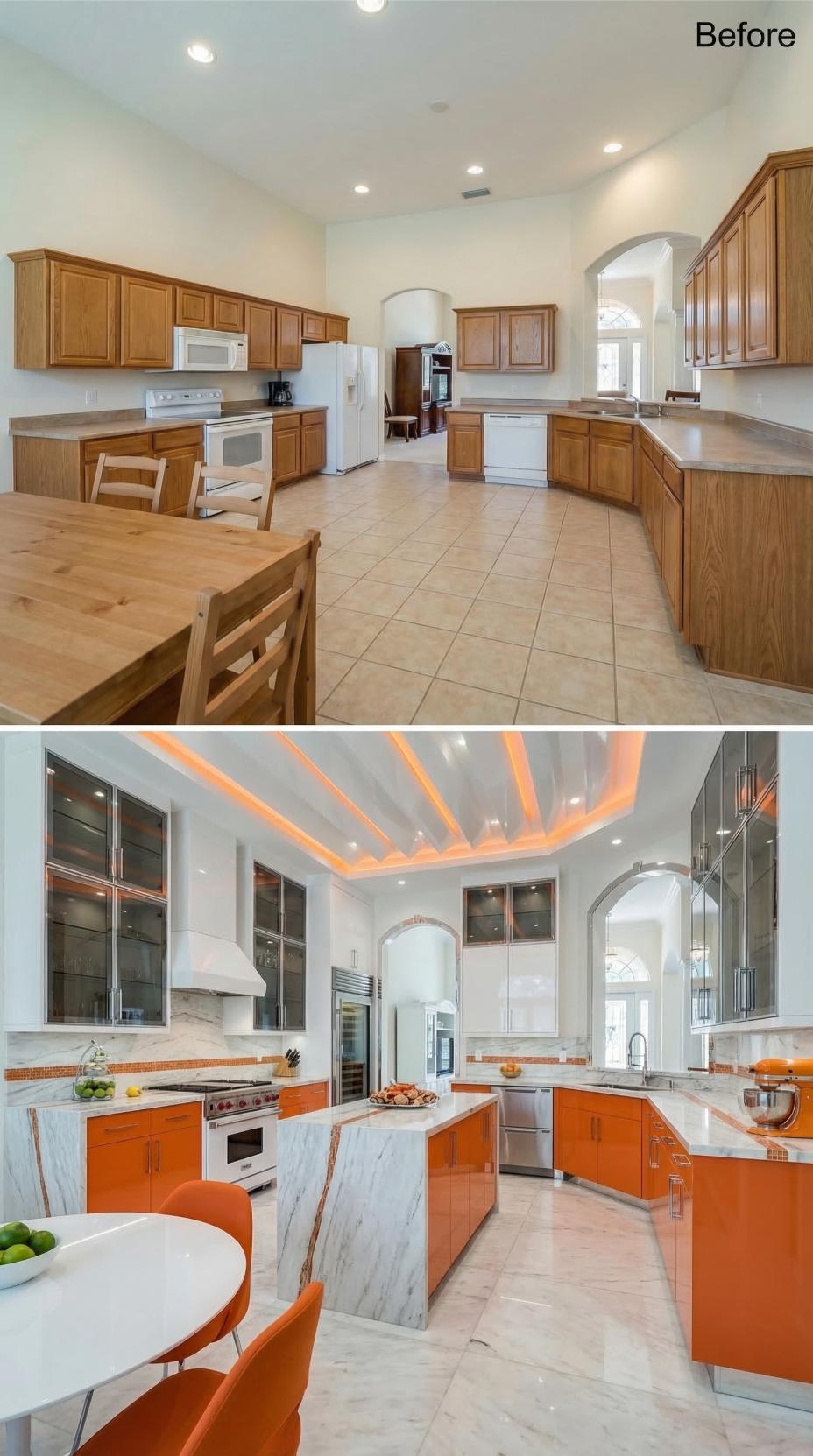 Orange Lacquer Cabinets and Cove Lighting Swap Builder Oak for Bold Competition-Ready Drama