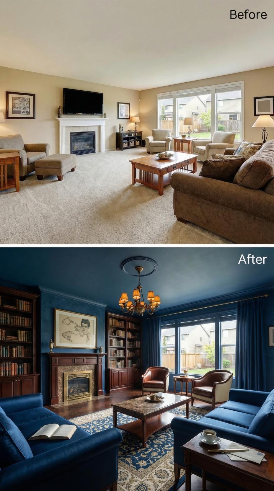 Inky Blue Walls and Built-In Mahogany Shelving Retired the Beige Carpet Permanently