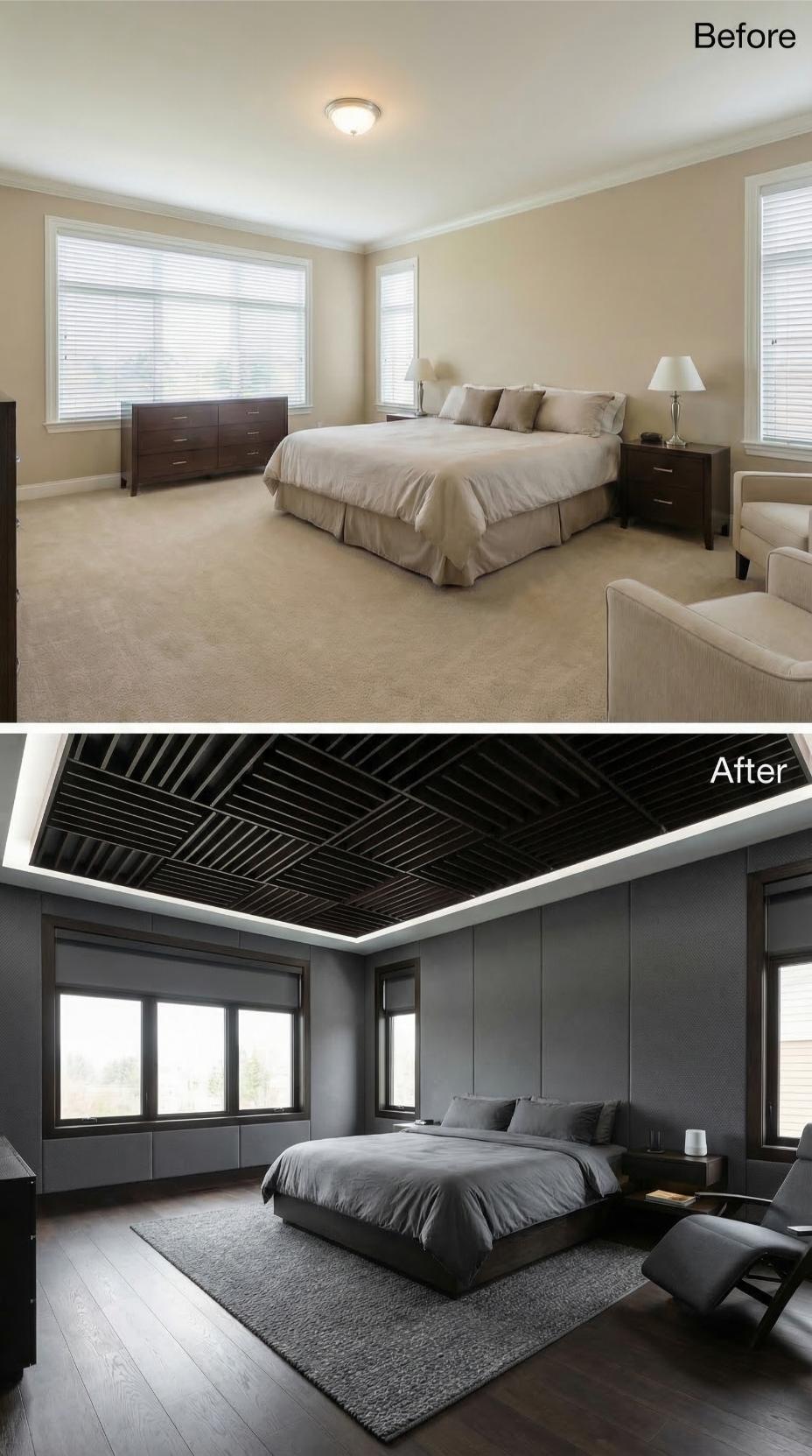 Latticed Black Ceiling and Cove Lighting Replaced Beige Walls and Flush Mount
