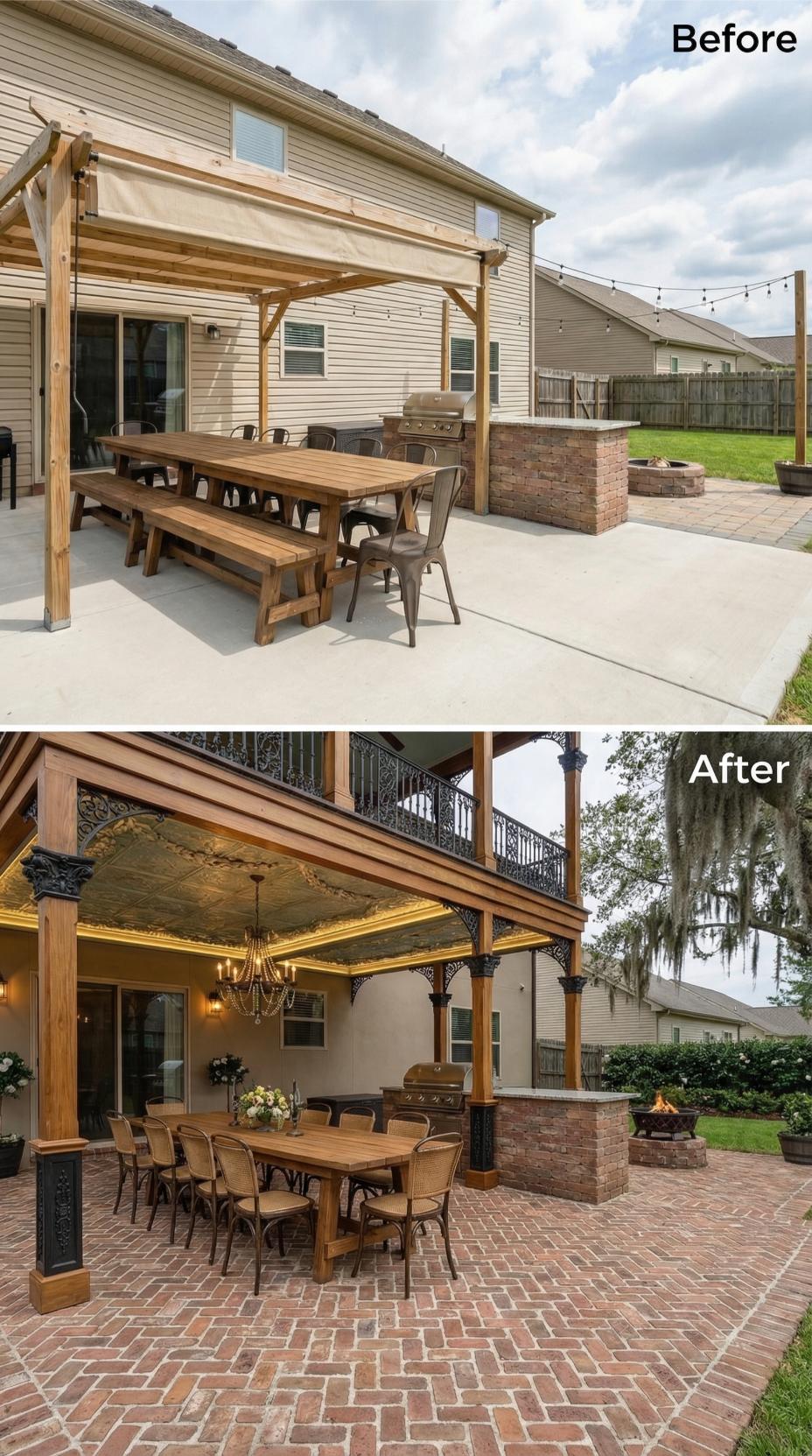 Concrete Slab Rebuilt with Herringbone Brick and Two-Story Deck Addition
