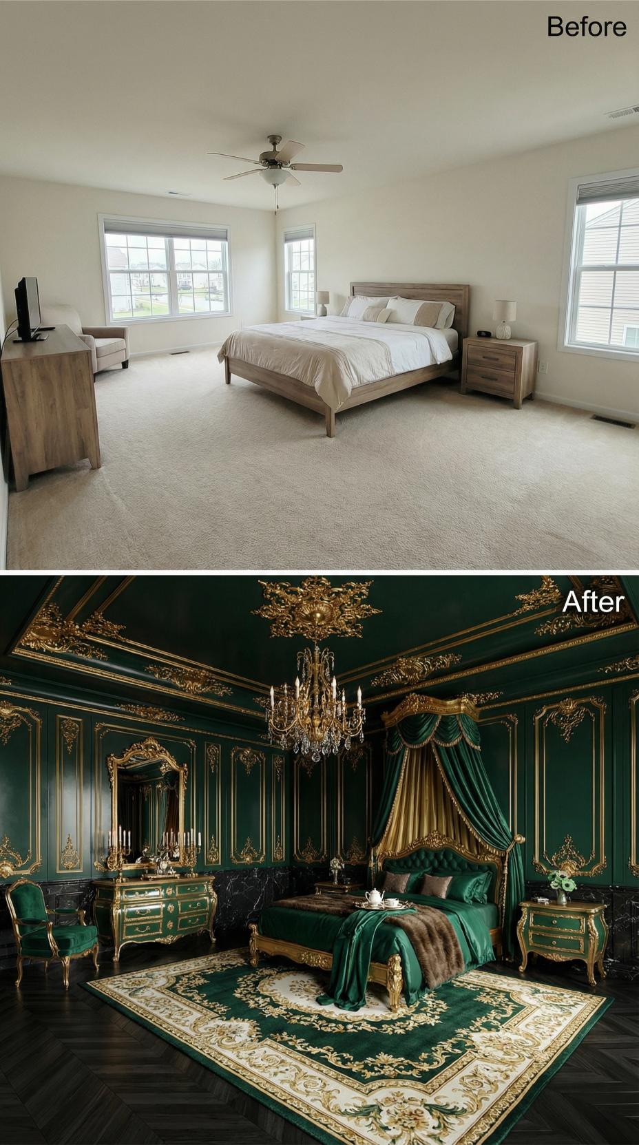 Emerald Lacquered Panels, Gilt Boiserie Crown Molding, and a Canopy Bed Draped in Satin
