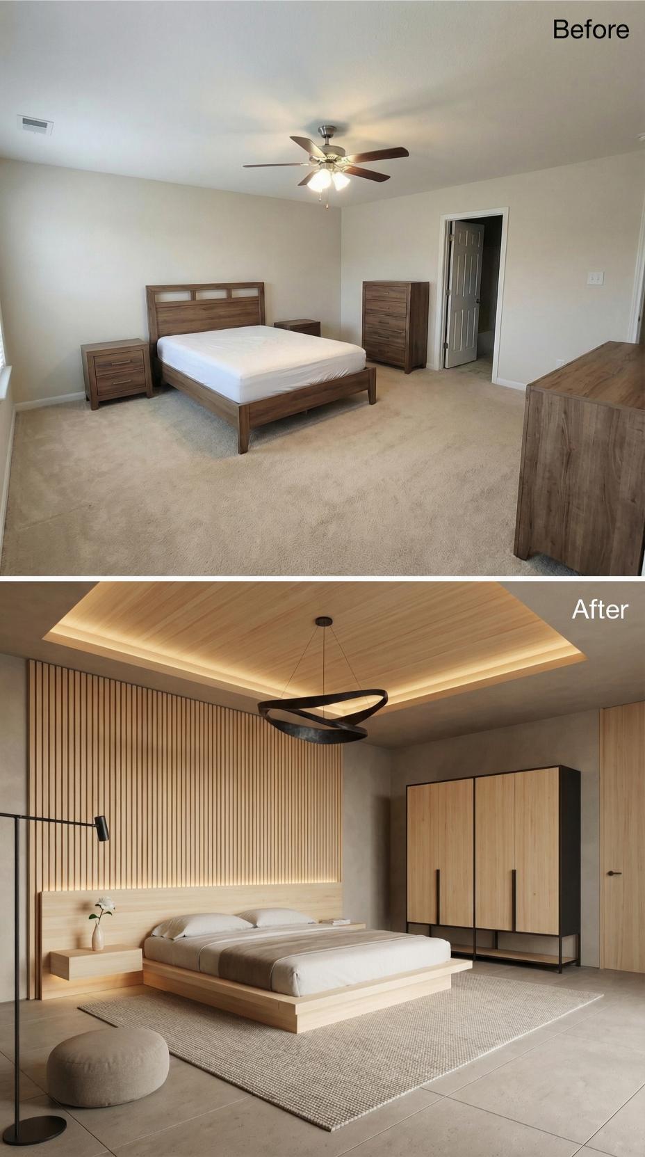 Vertical Wood Slat Wall and Recessed Tray Ceiling Bring Scandinavian Calm