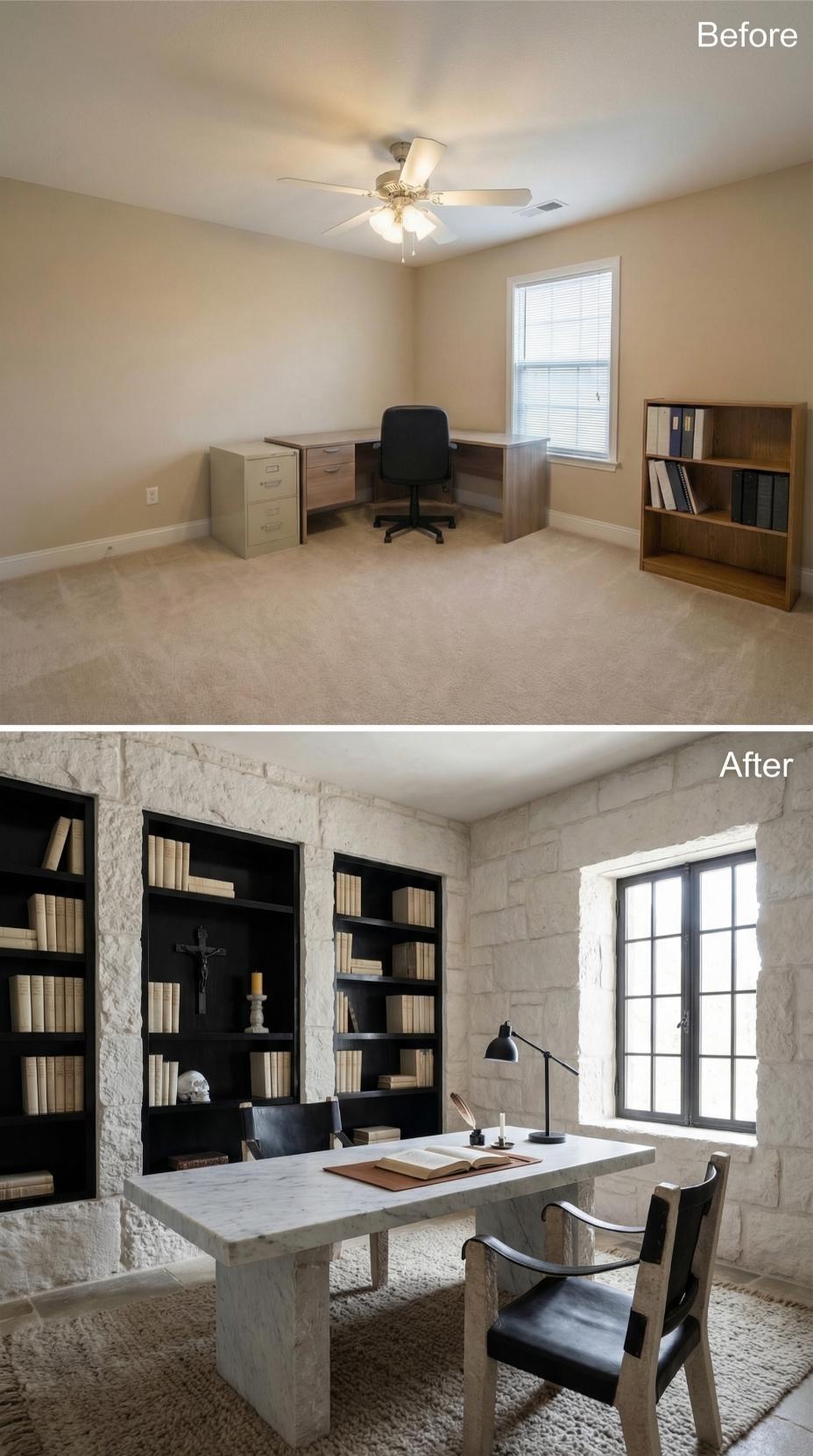 Limestone Block Walls and Black Steel Casement Window Anchor Modern Study