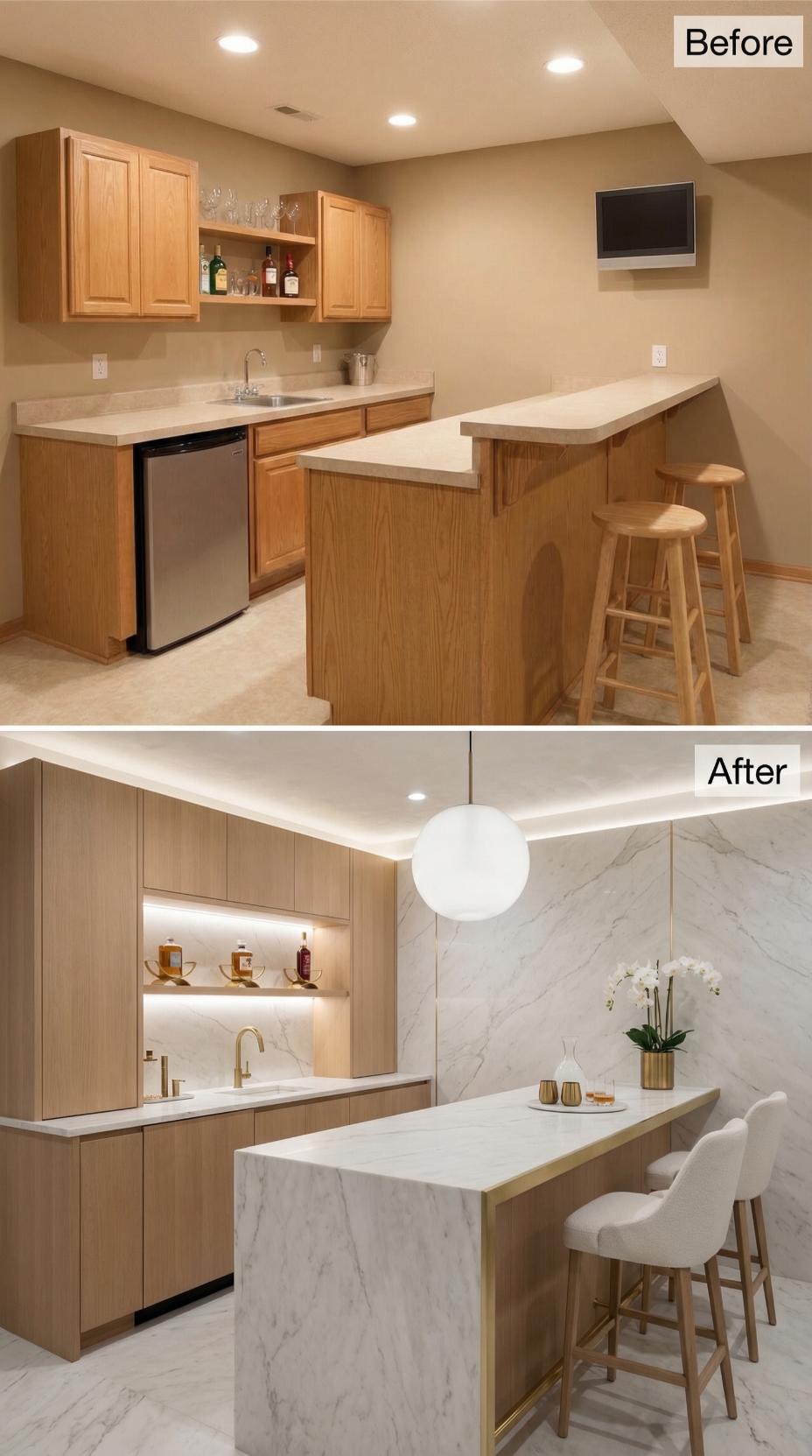 Marble Waterfall Island and Globe Pendant Replace Oak Breakfast Bar