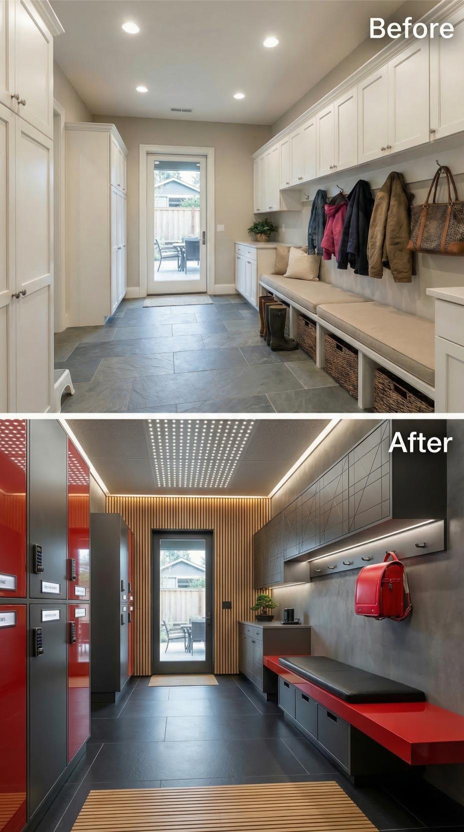 Graphite Slatted Accents and Red Lacquer Seating Obliterate Beige