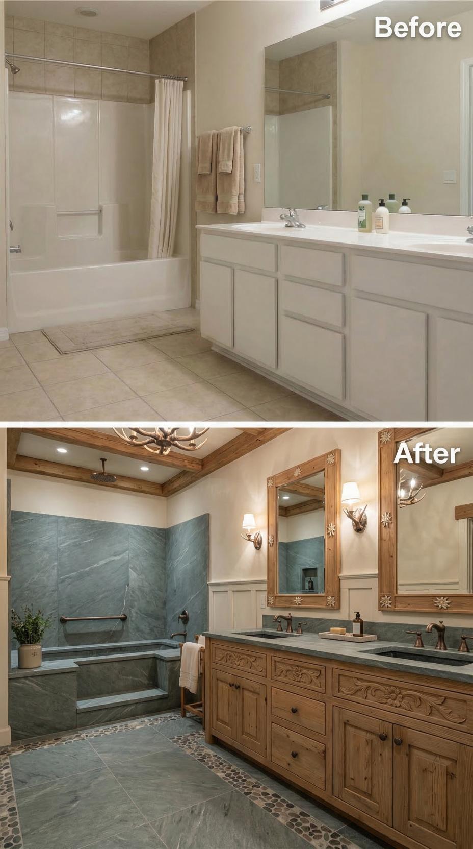 Rustic Wood Beams and Sunken Teal Slate Tub with Carved Vanity