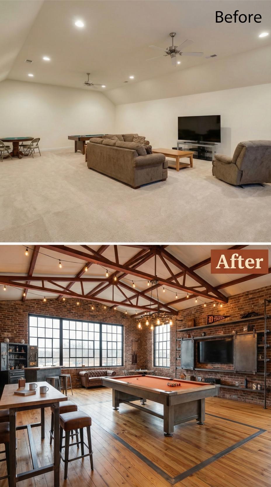 Industrial Loft Conversion with Exposed Brick and Steel Truss Ceiling