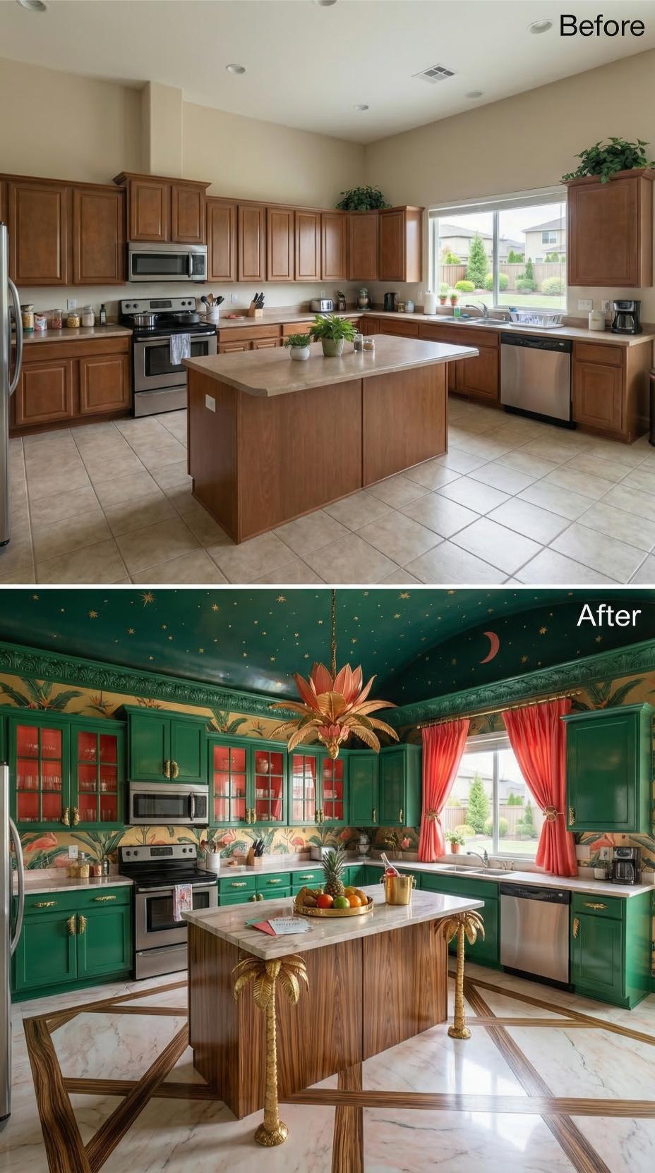Celestial Teal Ceiling and Glass-Front Cabinets With Golden Palm Island Legs