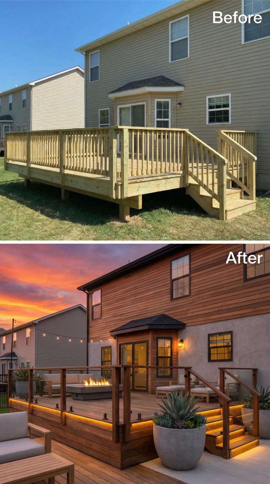 Builder Pine Deck Replaced by Modern Fire Feature Deck with LED Strip Lighting