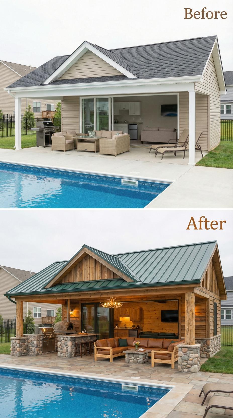 Green Standing Seam Metal and Stacked Stone Base Replace Gray Shingles