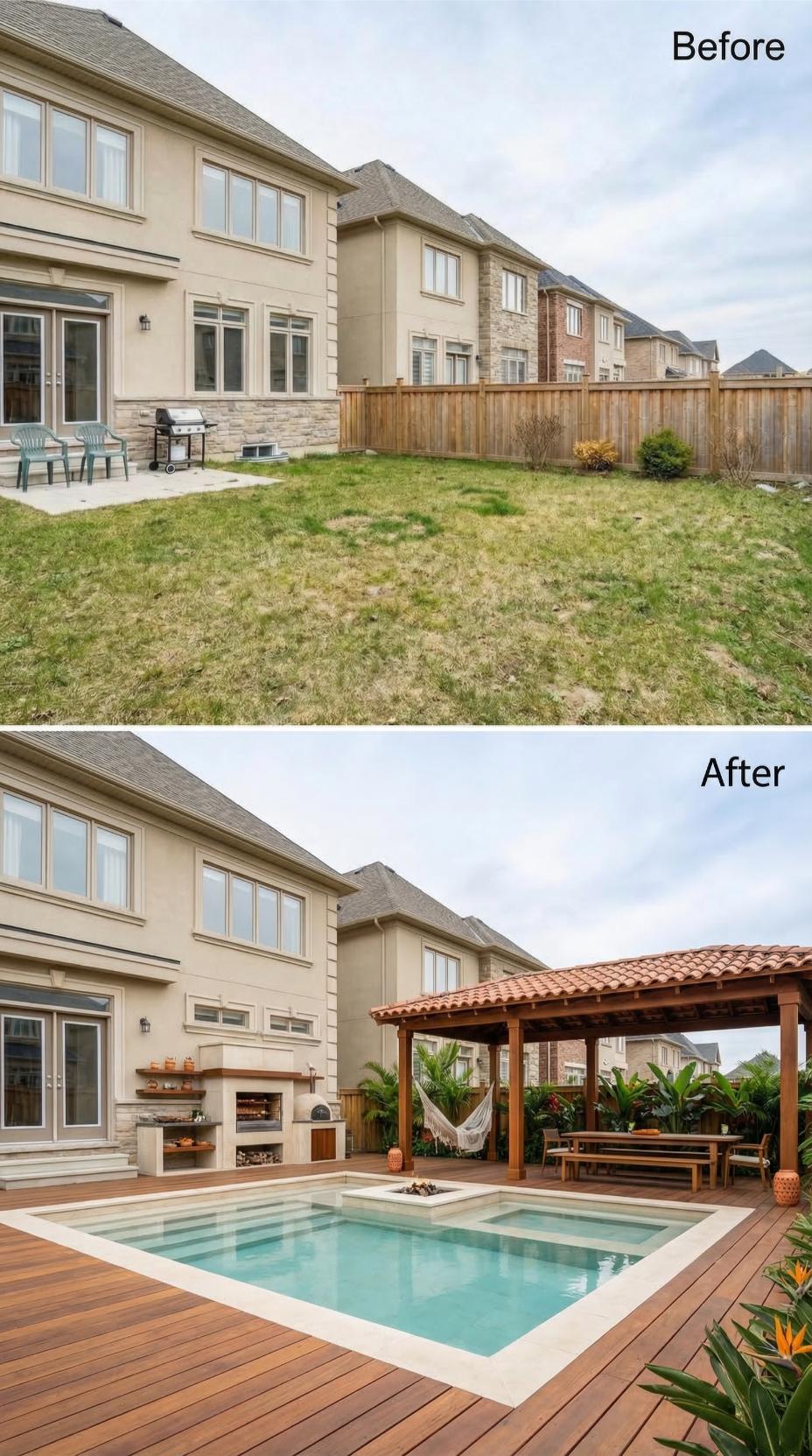 Wood Deck, Pizza Oven Kitchen, and Plunge Pool Replace a Patchy Suburban Lawn