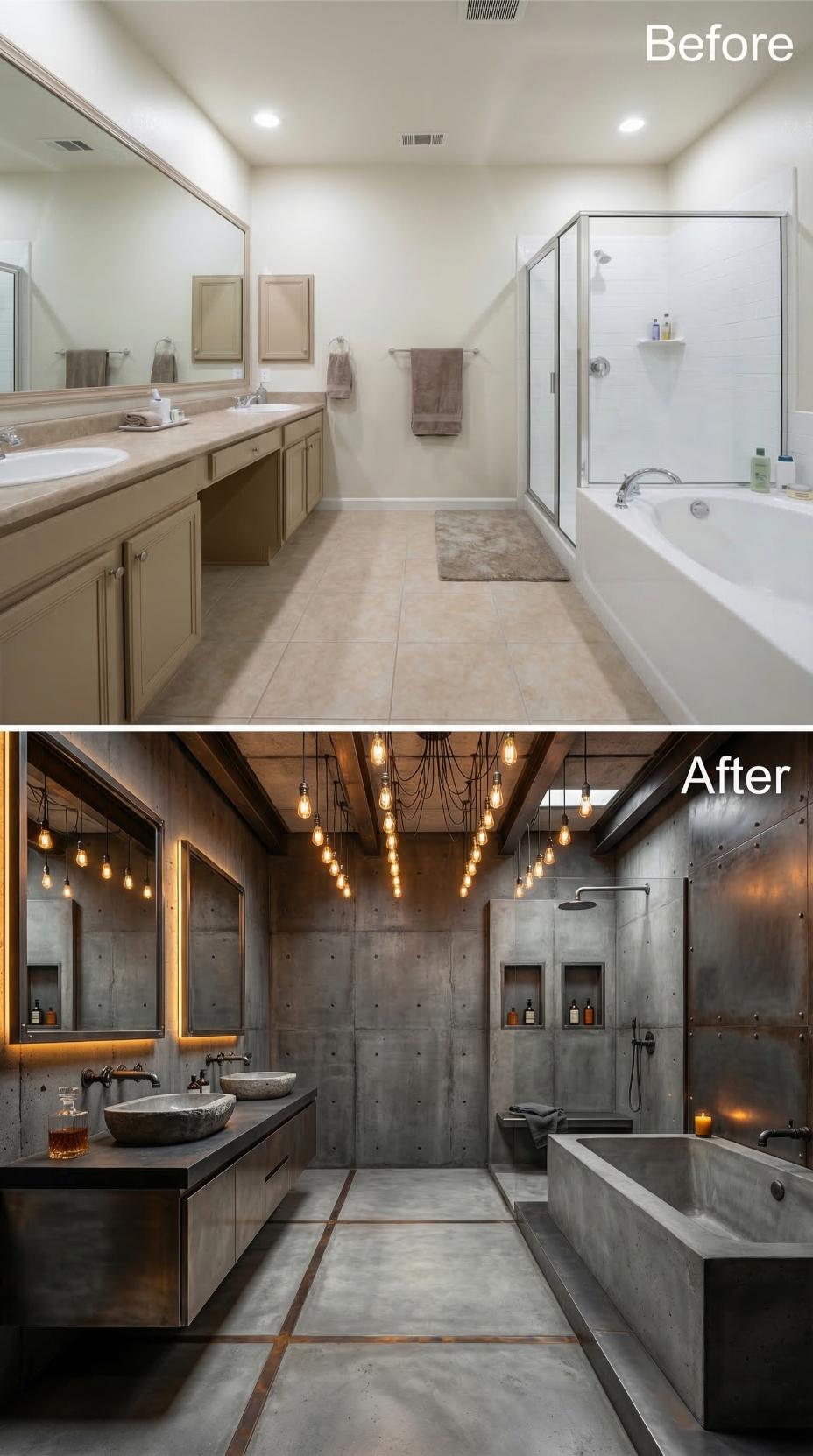 Bare Edison Bulbs, Concrete Vessel Sinks, and Exposed Pipe Fixtures Displaced Builder Beige