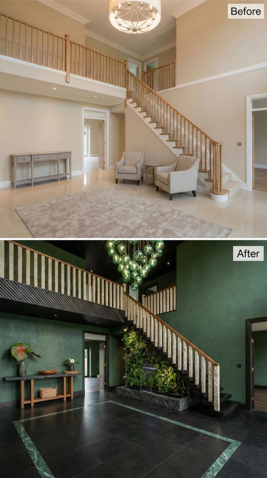 Emerald Plaster, Globe Pendant Clusters, and a Stair Waterfall Buried Oak and Beige