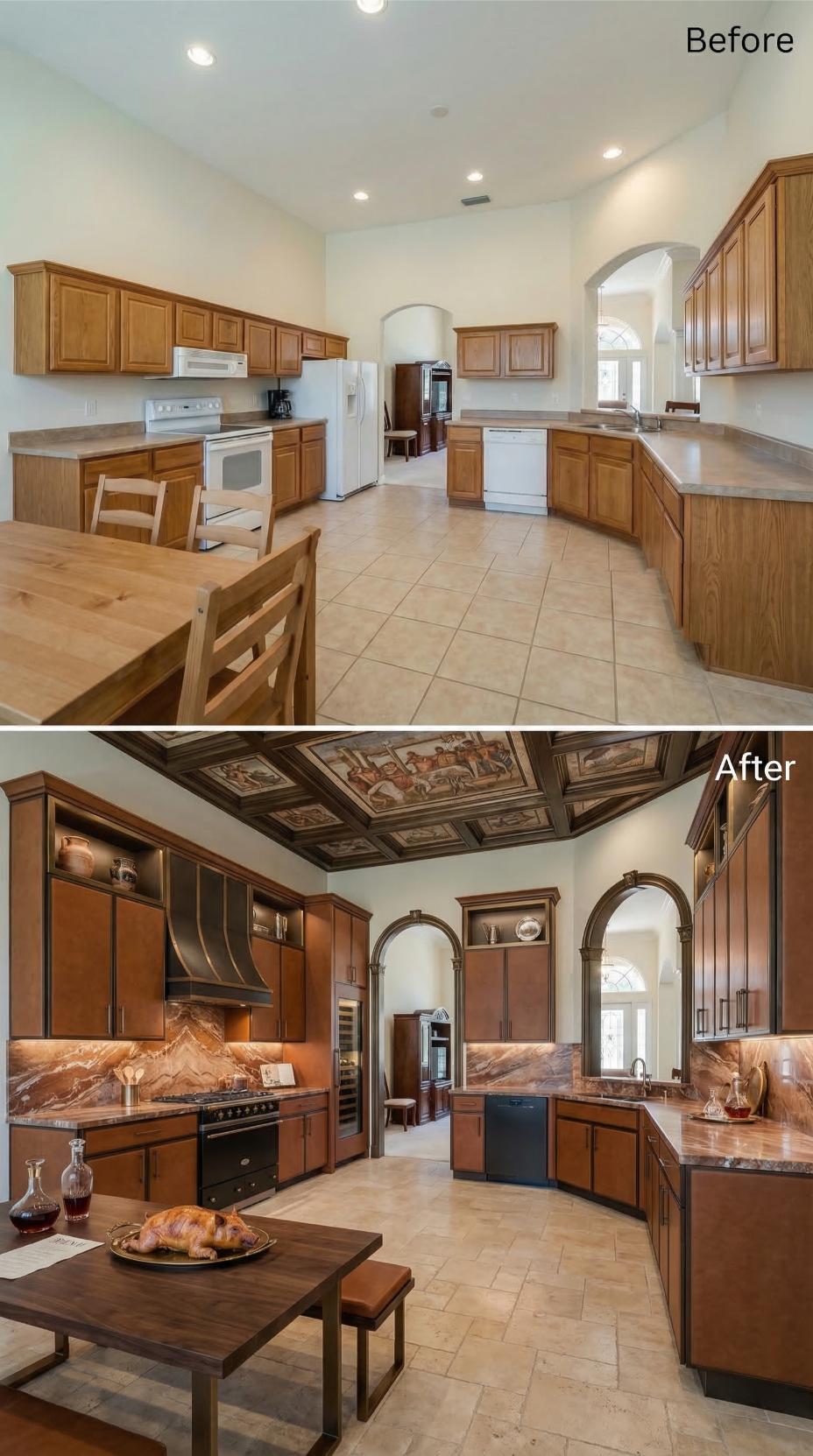 Renaissance Ceiling Panels and Red Marble Backsplash Pull Builder Oak Into Old World Drama