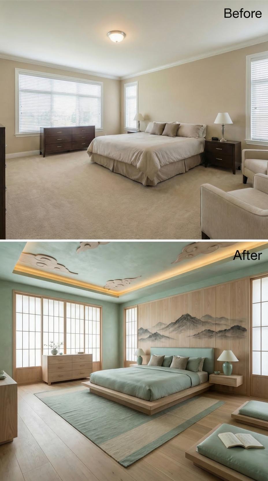 Sage Green Walls, a Cloud-Carved Tray Ceiling, and a Platform Bed Replaced Beige Carpet