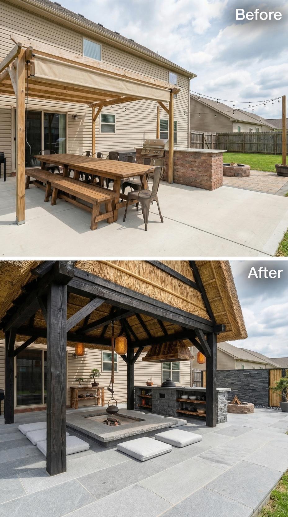 Canvas Canopy Replaced by Thatched Roof with Sunken Fire Pit and Floor Seating