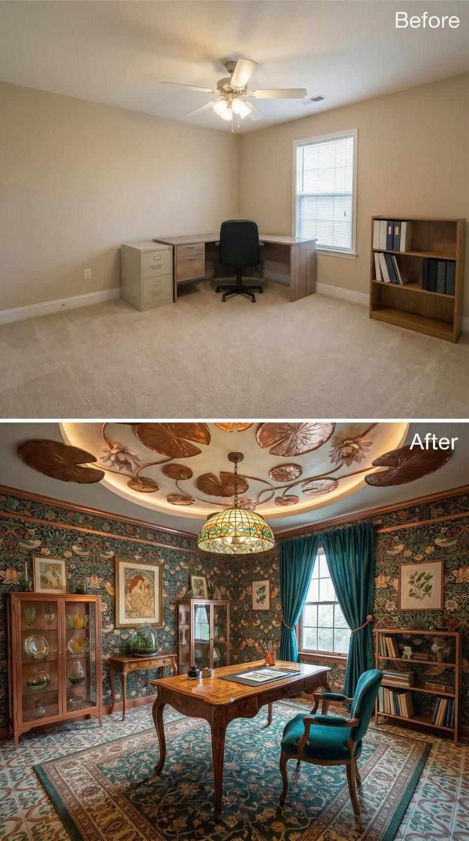 Botanical Wallpaper and Copper Ceiling Medallions Frame Tiffany-Style Pendant