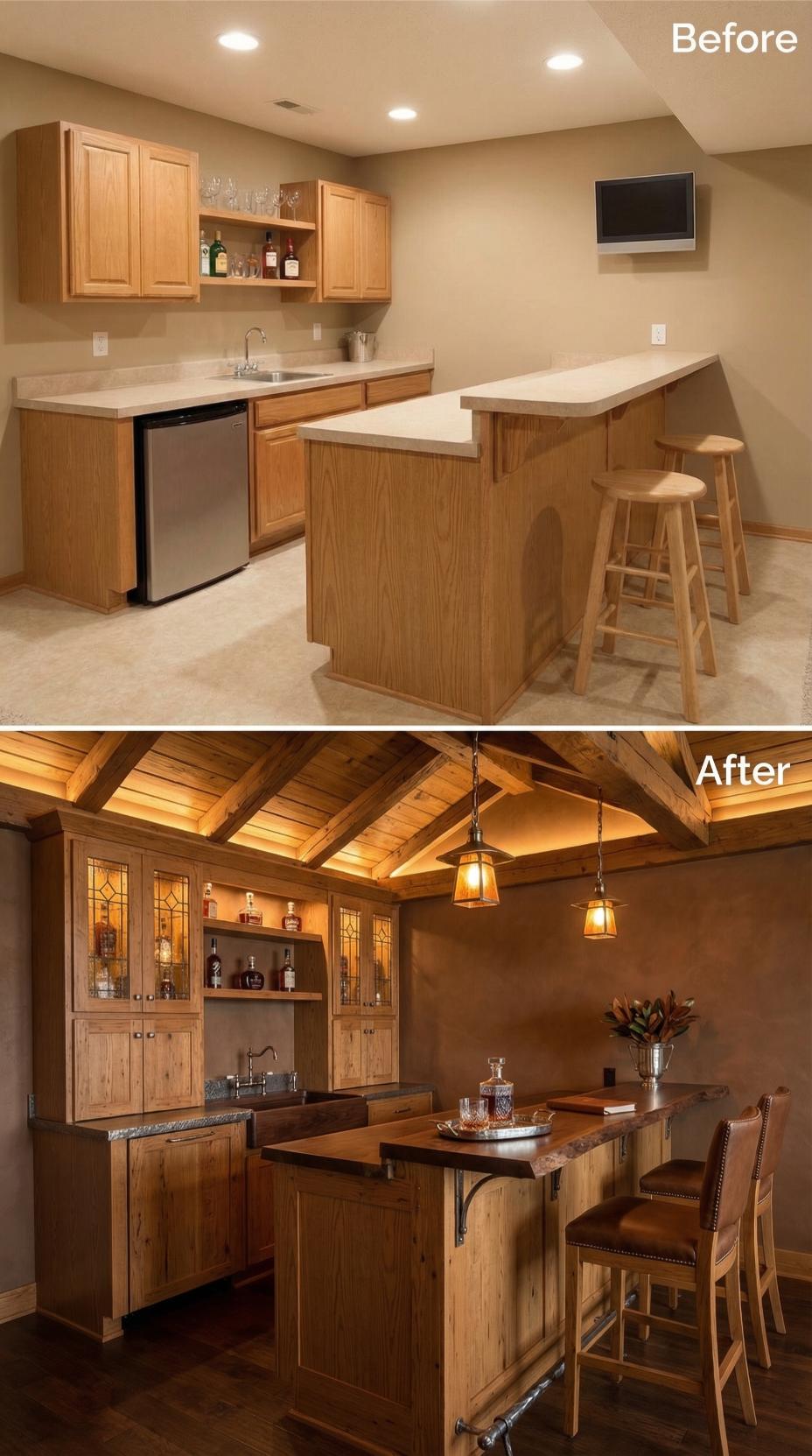 Exposed Beam Ceiling and Leaded Glass Hutches Anchor Rustic Bar
