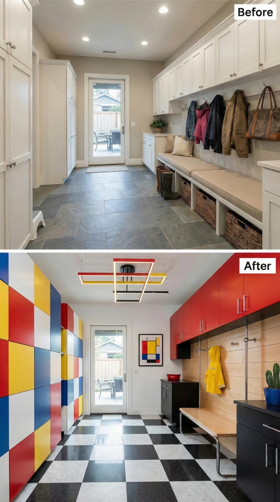 Mondrian Grid Cabinets and Checkered Floor Overthrow Beige Neutrals