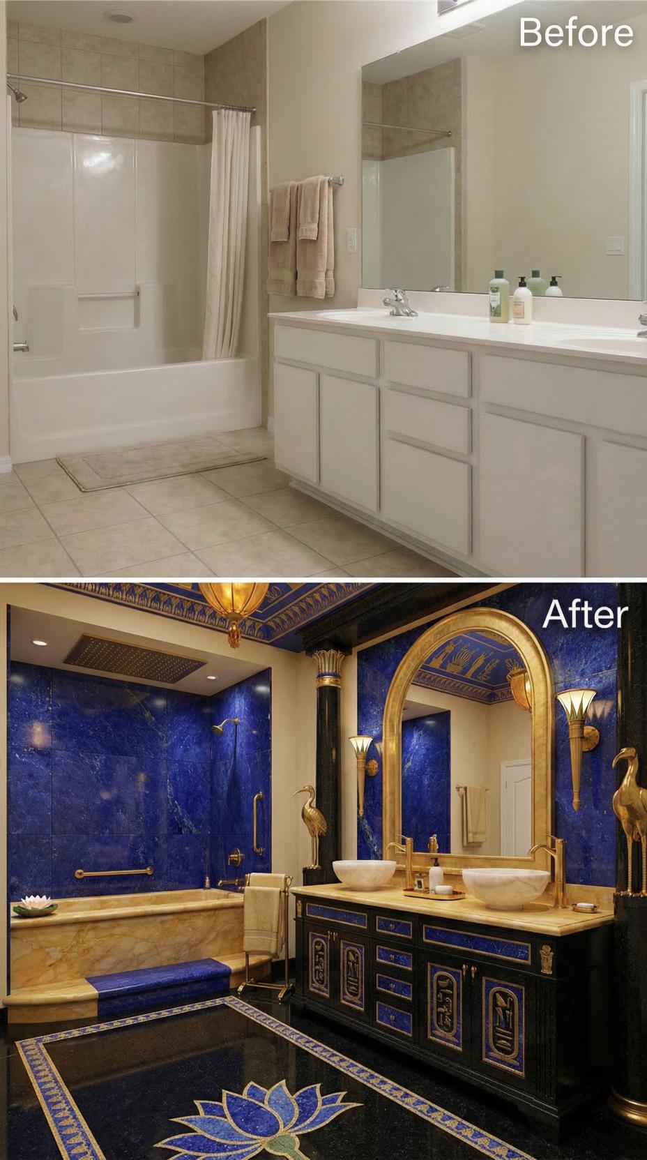Lapis Lazuli Walls and Gilded Hieroglyphic Vanity with Dual Vessel Sinks
