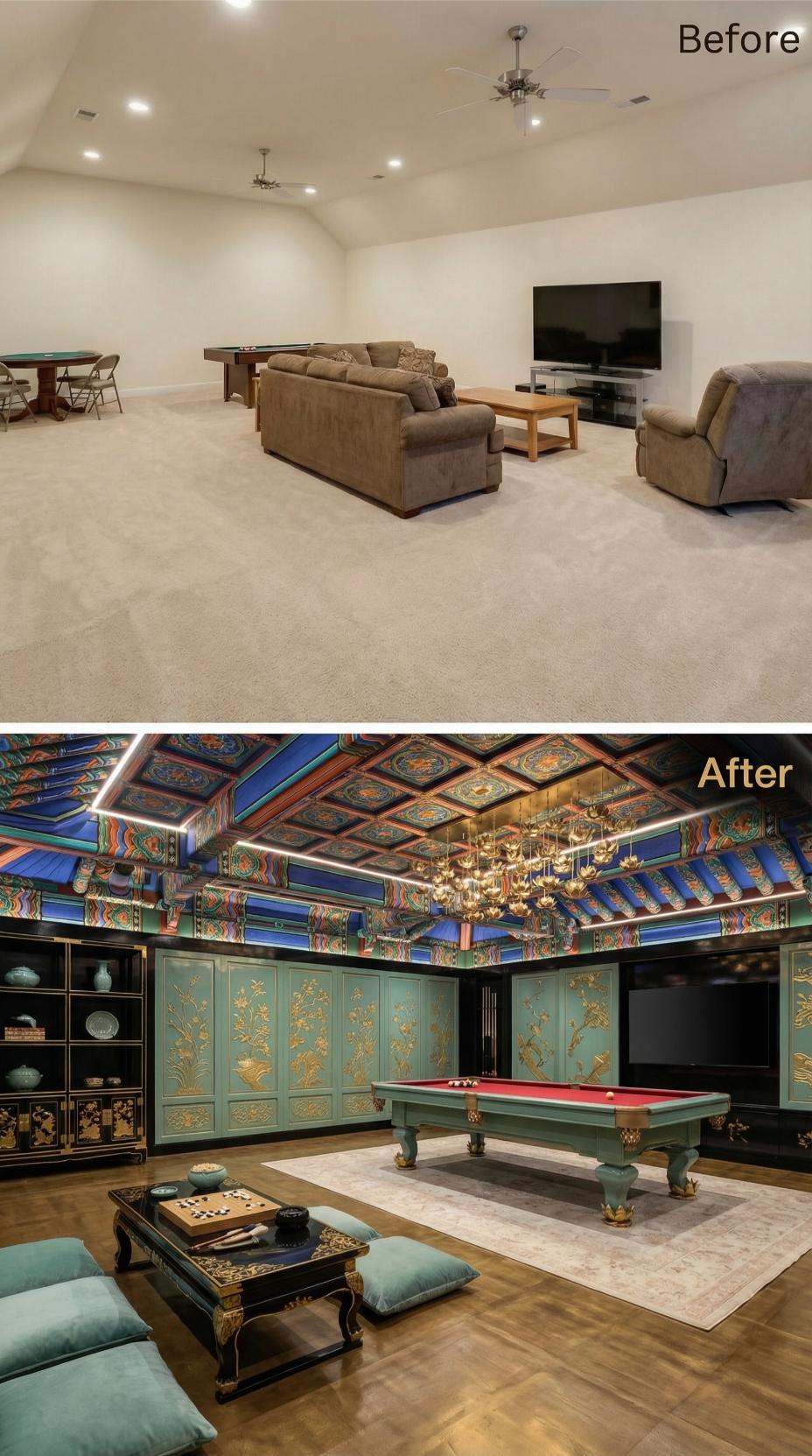 Ornate Chinese Temple Ceiling with Jade Paneling and Pool Table