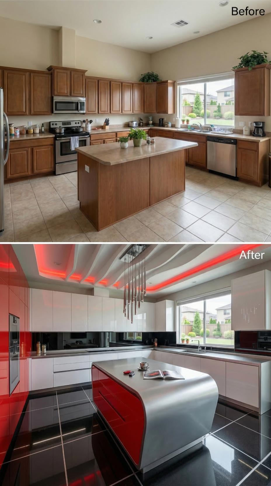 Red LED Ceiling Channels and Curved White Island With Reflective Black Backsplash