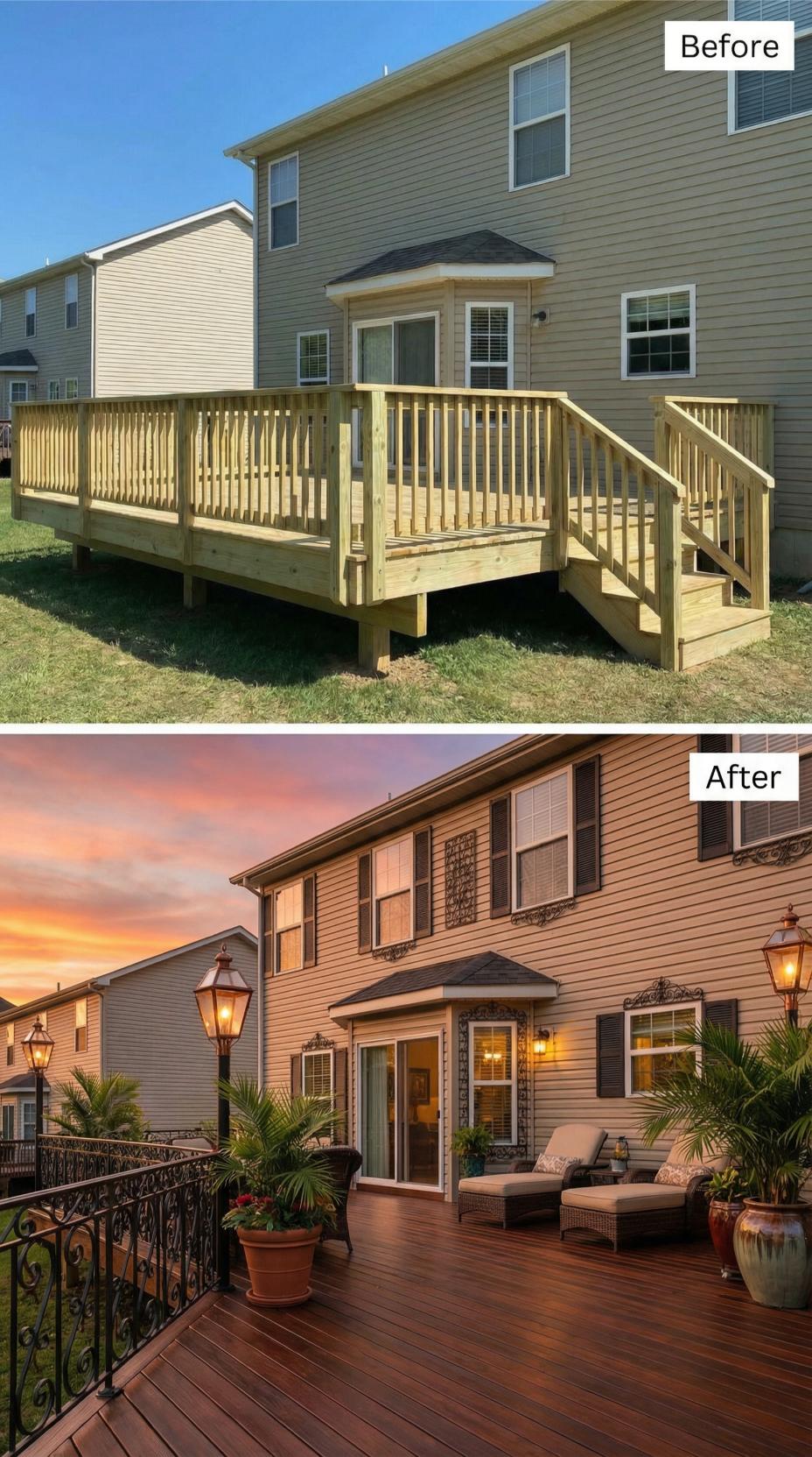 Fresh Pressure-Treated Pine Evolves into Mahogany-Stained Lounge with Ornamental Ironwork
