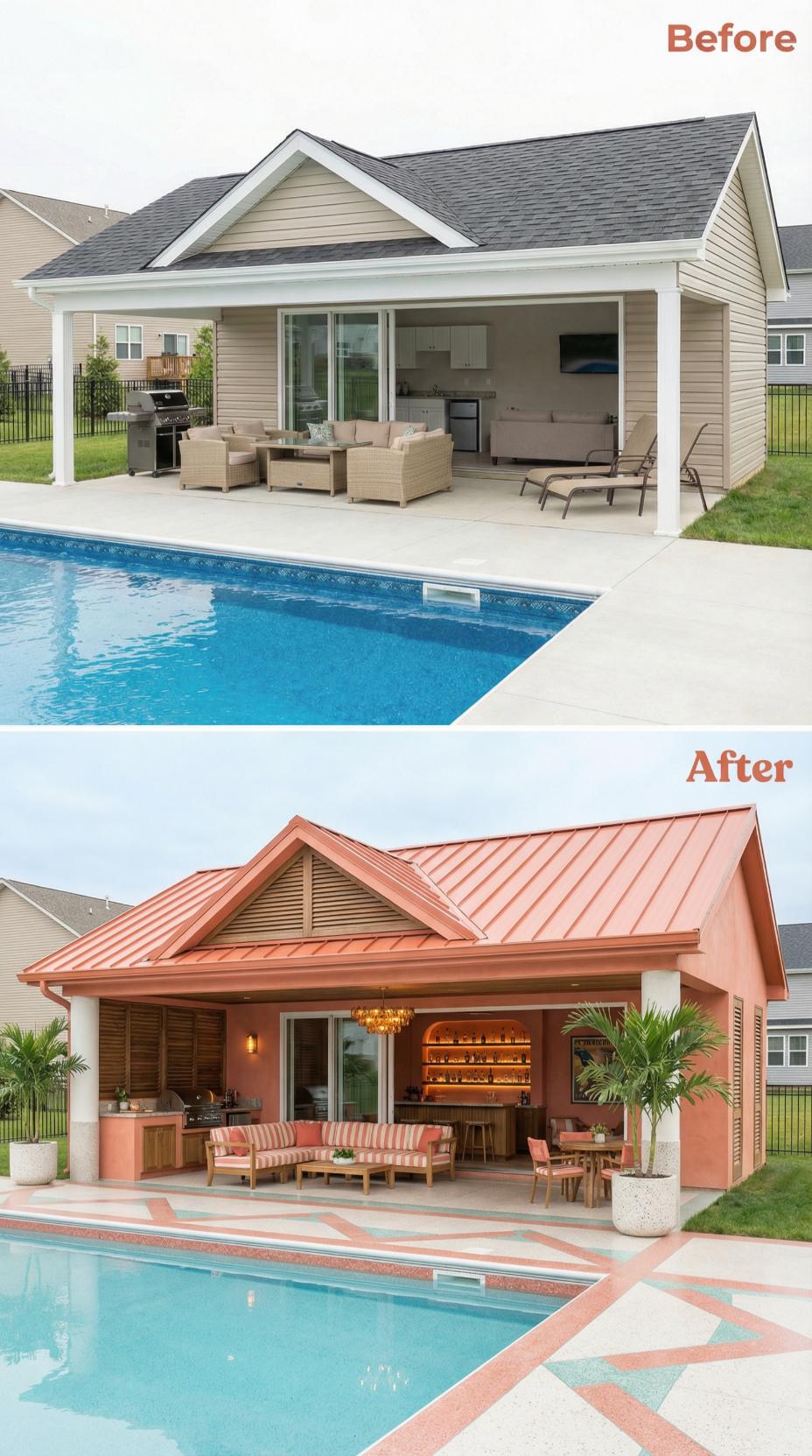 Coral Standing Seam Metal and Built-In Bar Replace Neutral Shingles