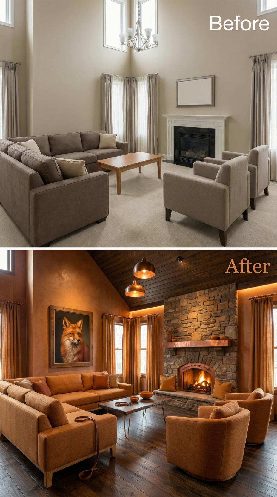 Charred Wood Ceiling and Stacked Stone Surround Replace Beige Neutrality