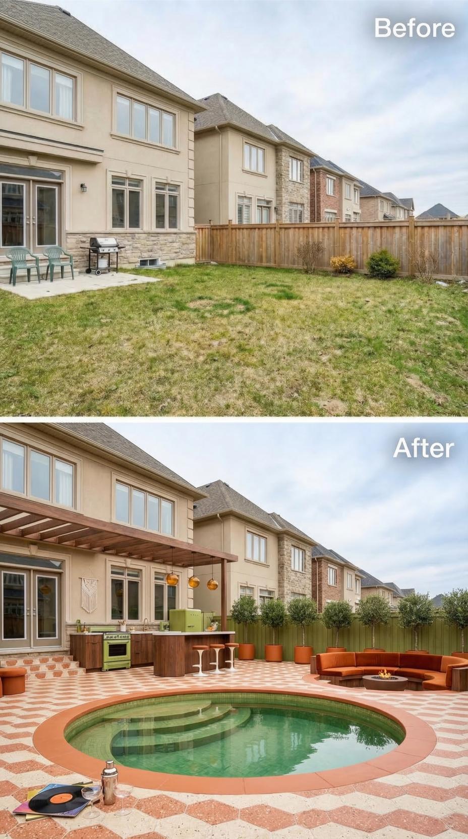 Checkerboard Pavers, a Round Pool, and a Pergola Kitchen Swap Out Builder Grass