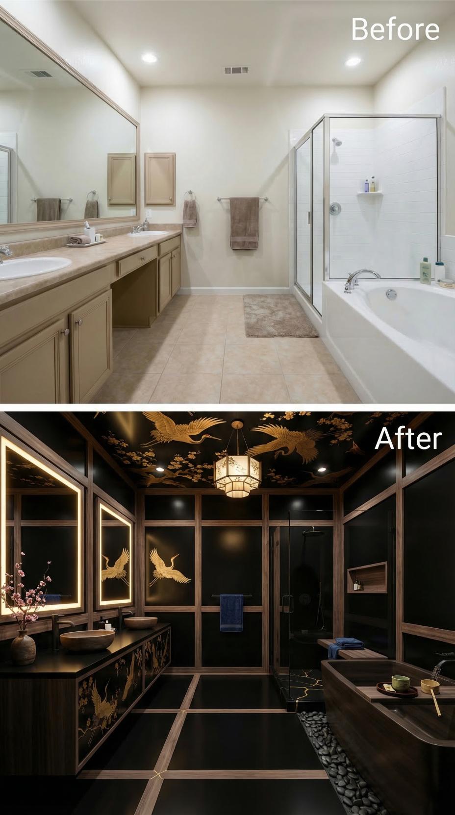 Gold Cranes on a Black Lacquered Ceiling Replaced Beige Tile and Builder Cabinets