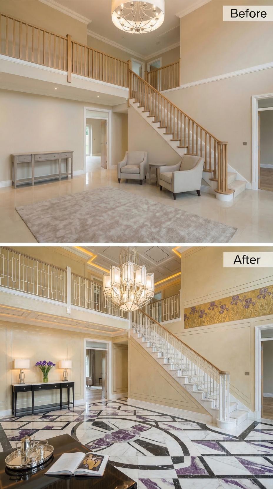 Geometric Brass Railings, Amethyst Marble Inlays, and an Art Deco Crystal Chandelier Buried Oak and Beige