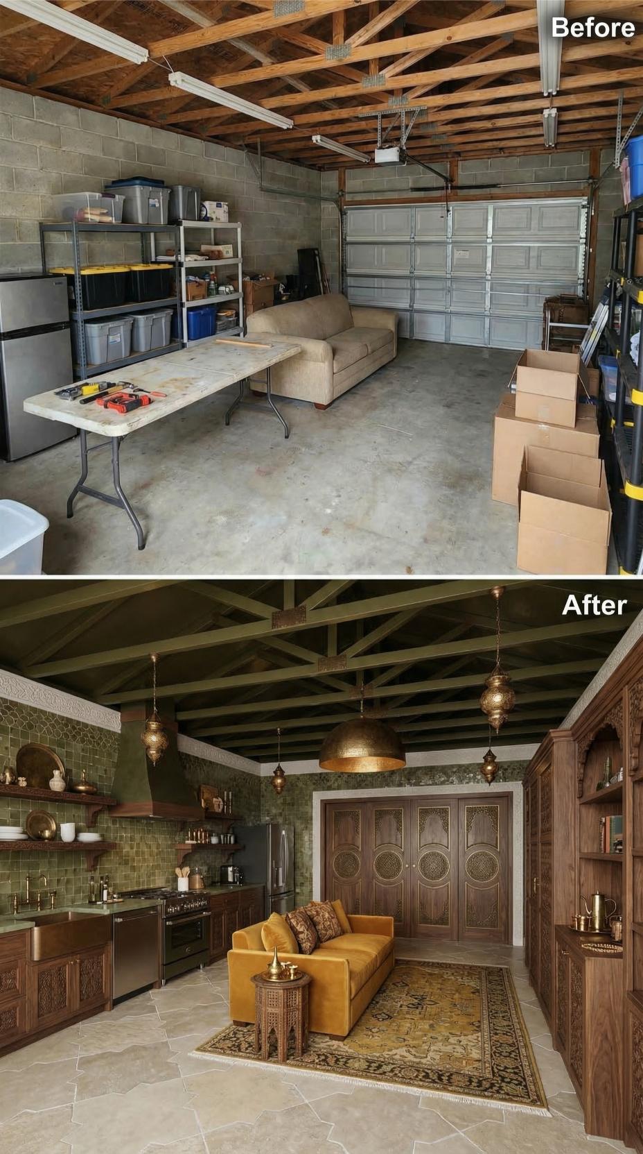 Olive-Stained Trusses and Brass Lanterns Pulled One Cluttered Garage Into a Moroccan Kitchen Suite