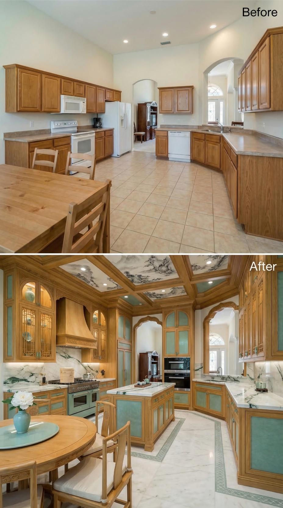 Celadon Cabinet Panels and Hand-Painted Coffered Squares Bury Builder Oak in Ming Dynasty Drama