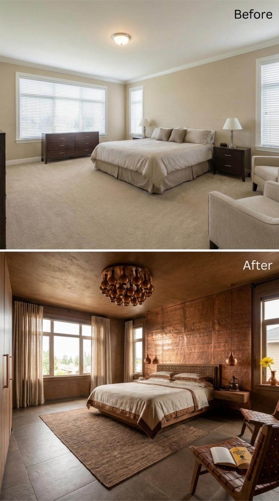 Copper Panel Headboard Wall and Vessel Chandelier Replaced Beige Carpet and Flush Mount
