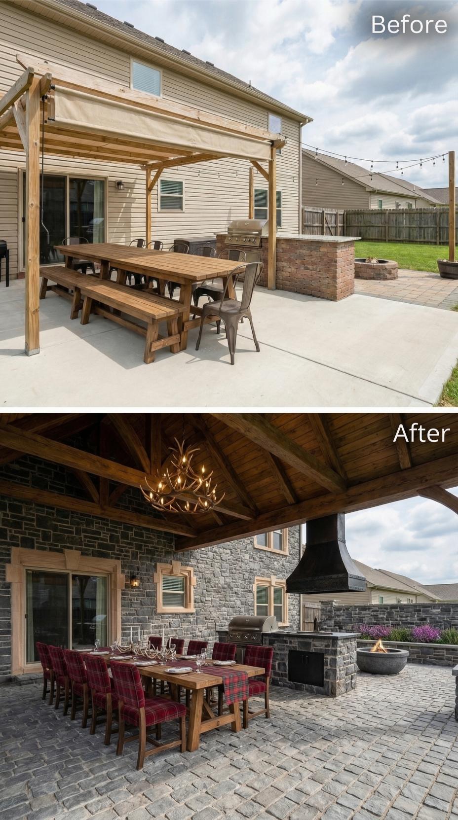 Stone Veneer Walls and Antler Chandelier Under Cedar-Plank Cathedral Ceiling