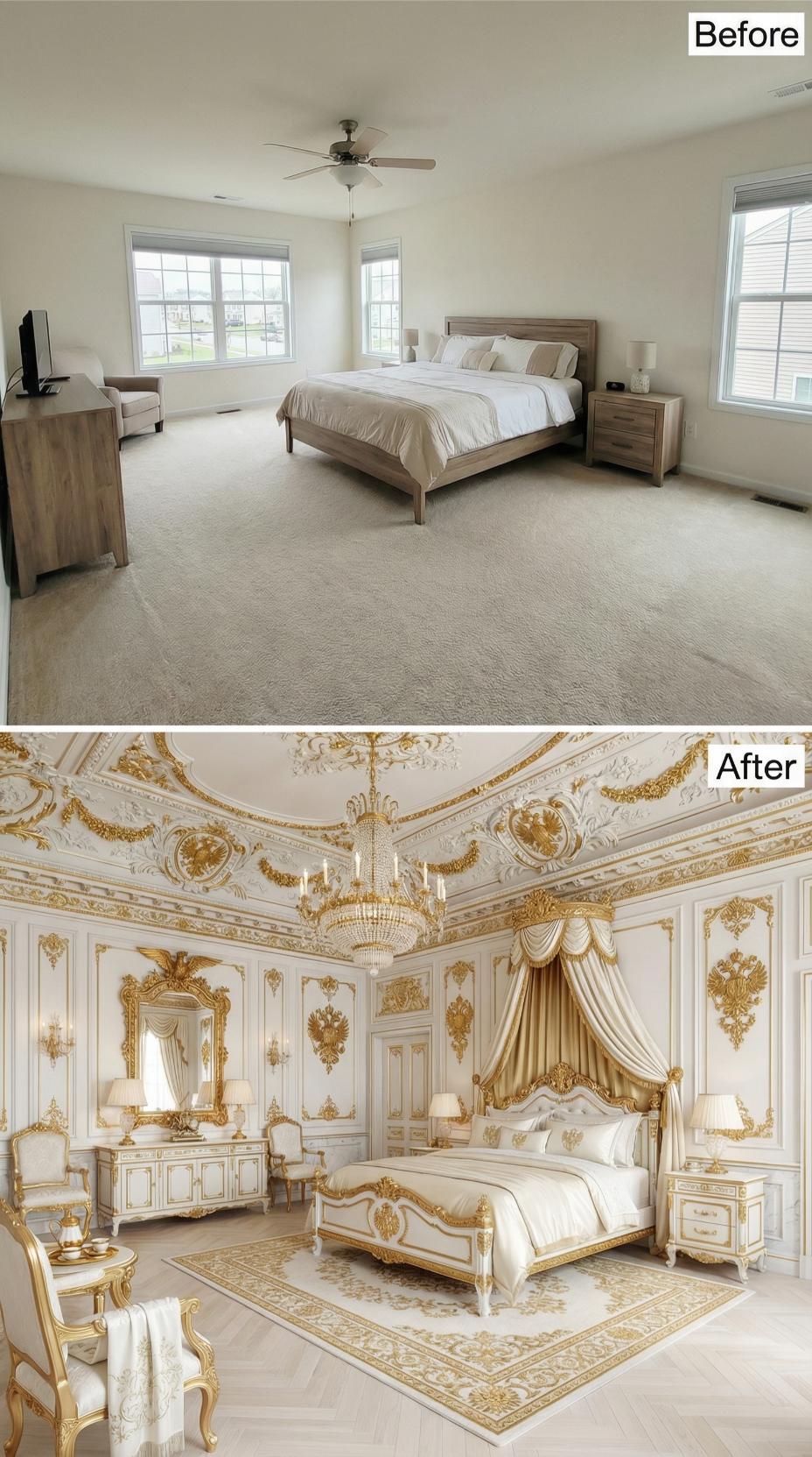 White Lacquer Walls, Imperial Gold Plasterwork, and a Canopied Bed Fit for Versailles