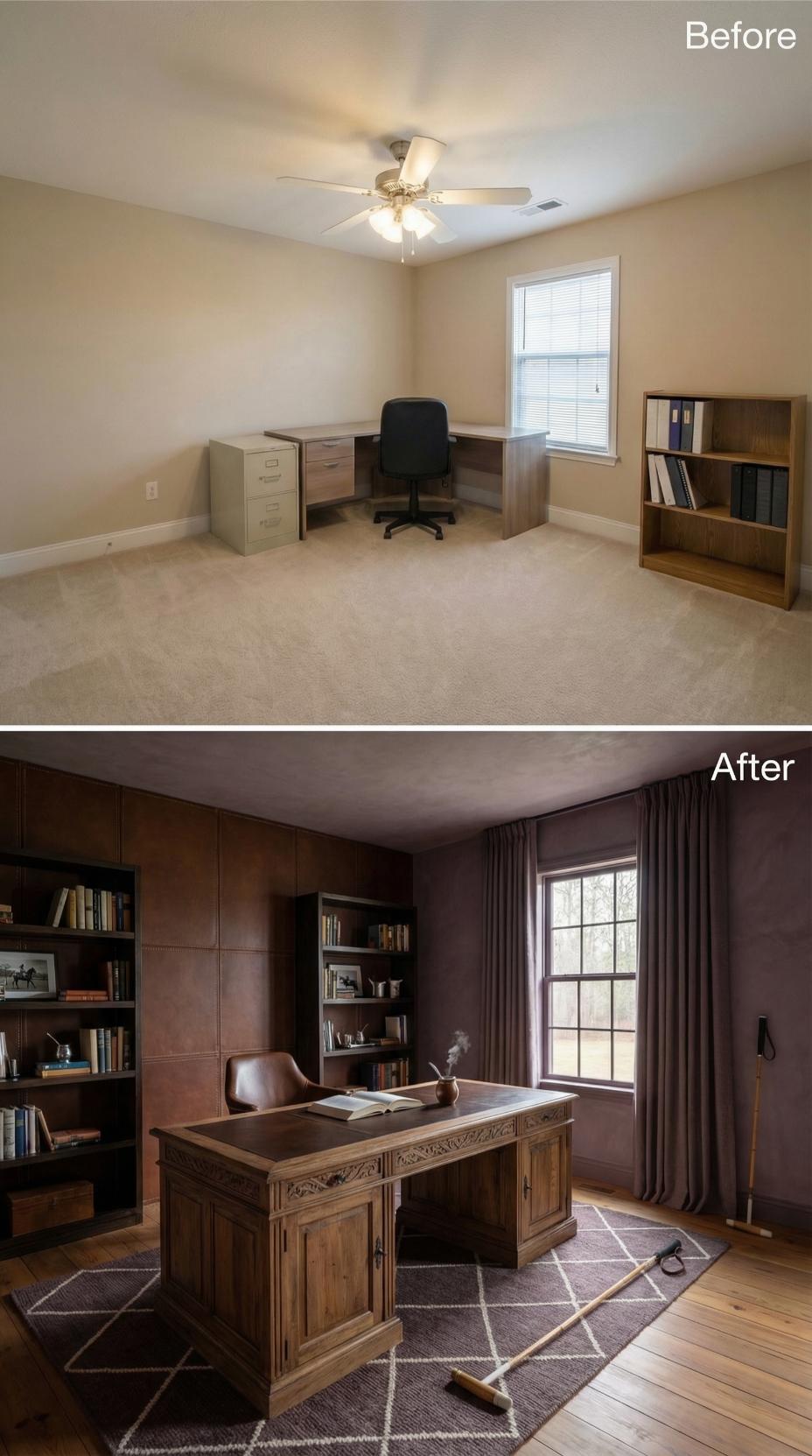 Purple-Brown Walls and Ornamental Carved Desk Replace Beige Carpet Office